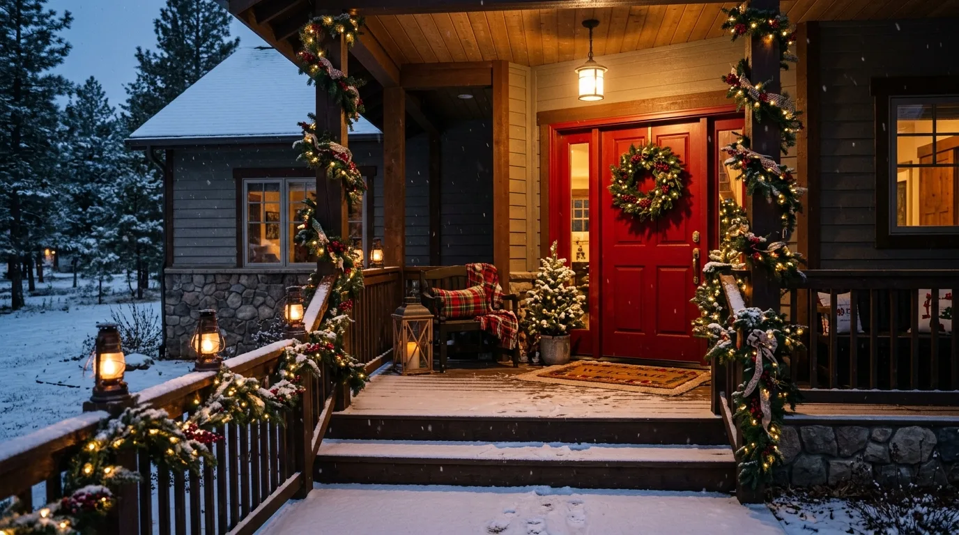 Red Door Porch With Glowing Lanterns